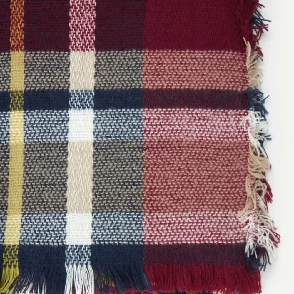 Oversized Plaid Blanket Scarf Red Navy Beige Soft Fringe Wrap Shawl Winter